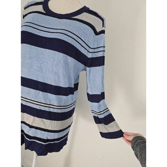Investments Blue Striped Ribbed Knit Pullover Sweater Color Block Studded 1X - Picture 6 of 9